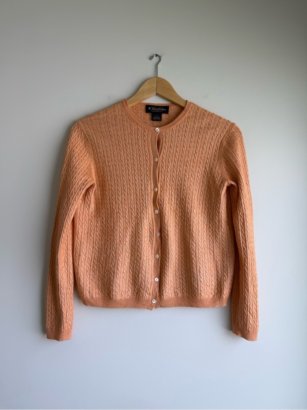 Brooks Brothers Silk Cashmere Cable Knit Cardigan Sweater Peach Medium
